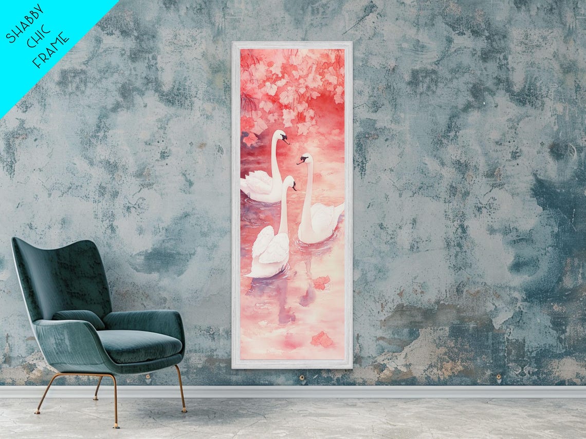 Three White Swans On Pink Water Elegant Romantic Bird Water Wall Art - Image 5