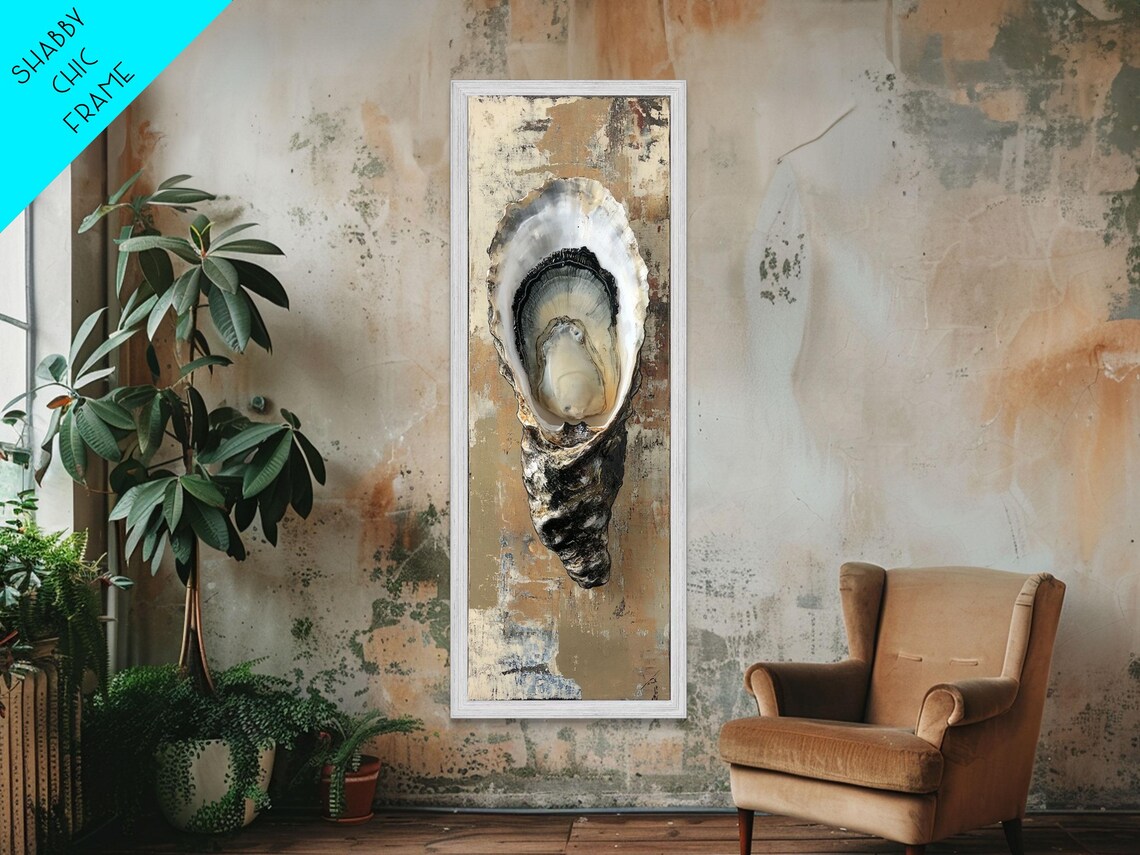 Open Oyster Shell Pearl Center Dark Gold Textured Coastal Still Life Poster - Image 4