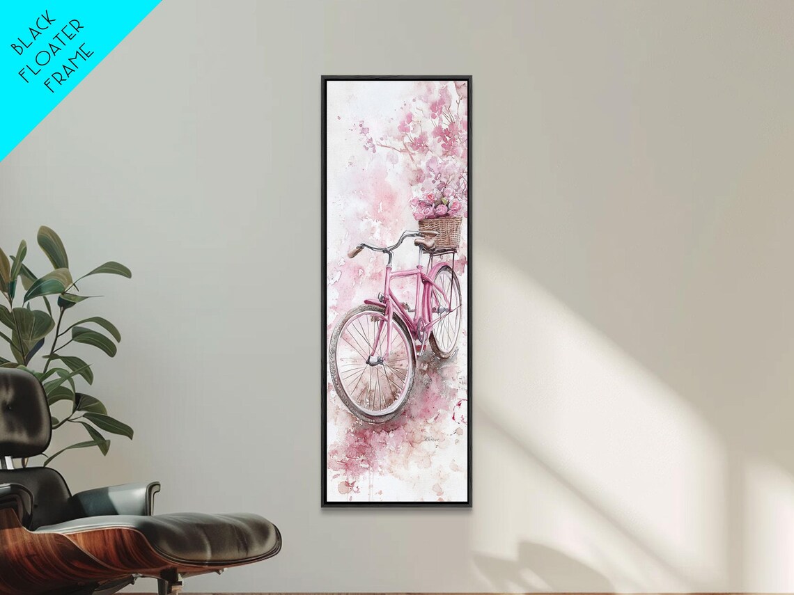 Pink Vintage Bicycle With Flower Basket Cherry Blossom Wall Art - Image 3