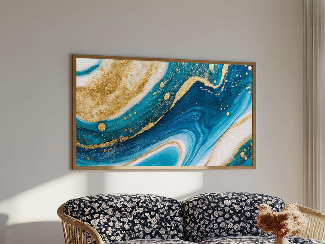 Blue White Gold Marble Abstract Swirl Statement Centerpiece Wall Art - Image 3