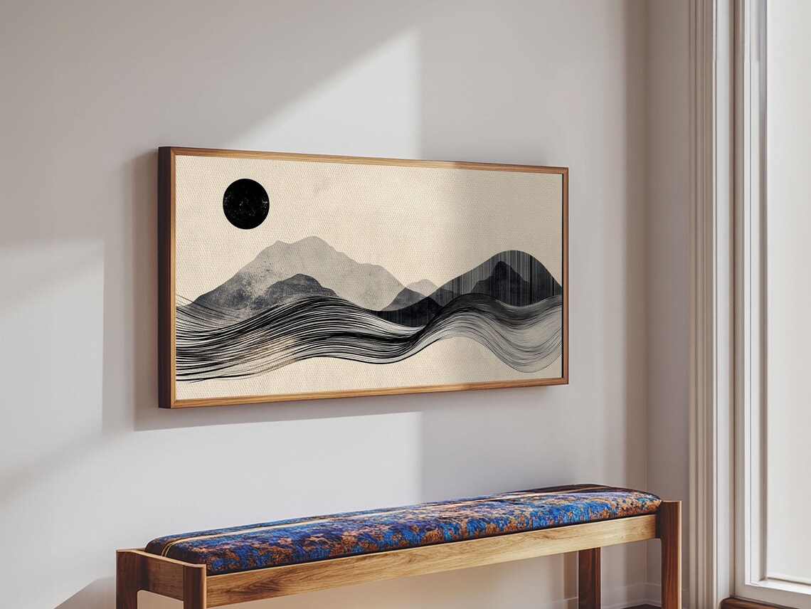 Abstract Mountain Landscape Framed Print Wabi Sabi Wall Art Minimalist Decor Rustic Line Art Idea Bedroom Artwork Vertical Design - Image 2