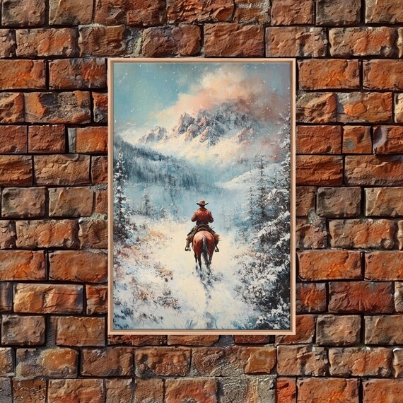 Cowboy In Winter Mountains Framed Print Christmas Wall Art Winter Wonderland Decor Vintage Christmas Gift Idea Moody Landscape Art