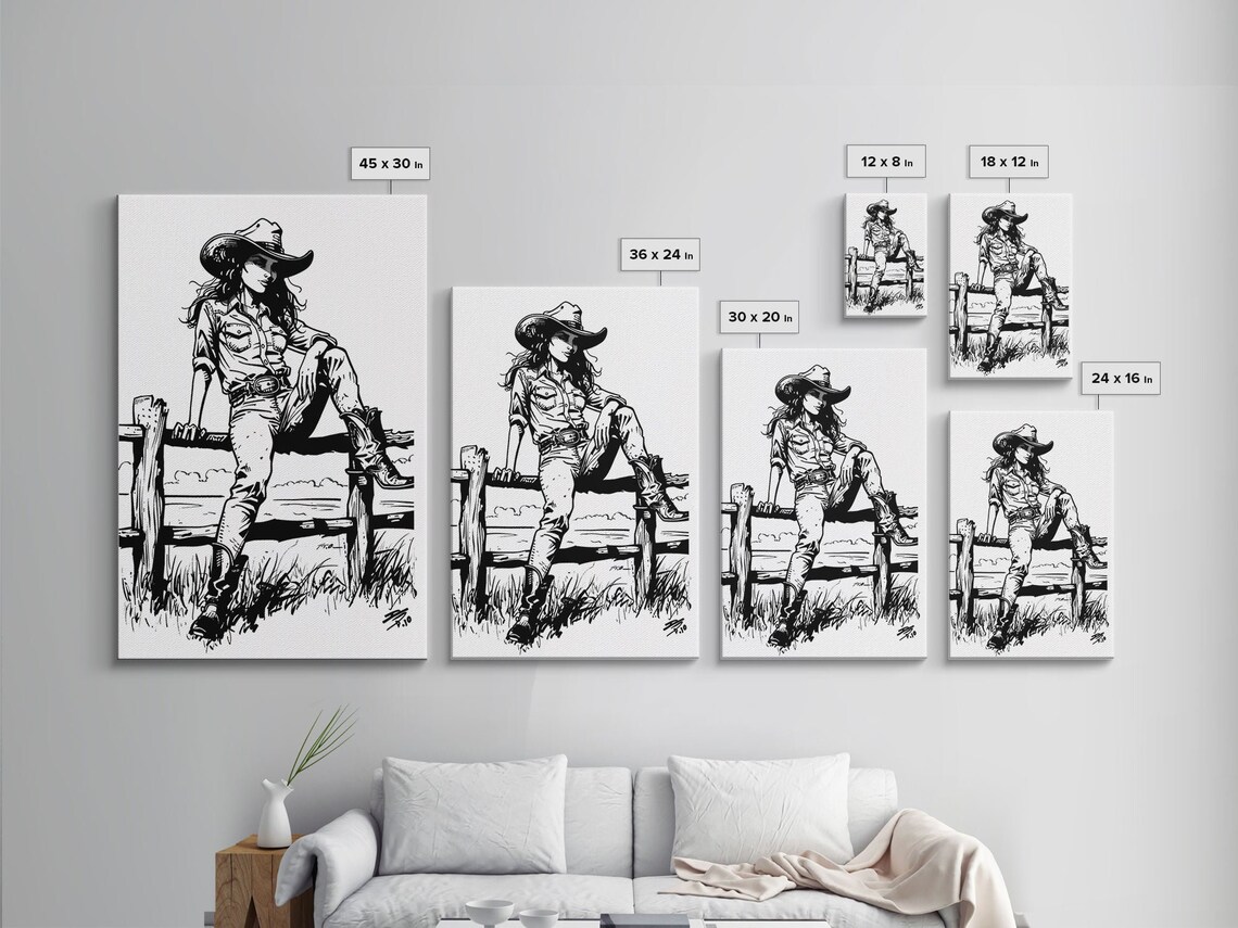 Cowgirl Sitting Fence Black White Line Art Western Ranch Wall Print - Image 2
