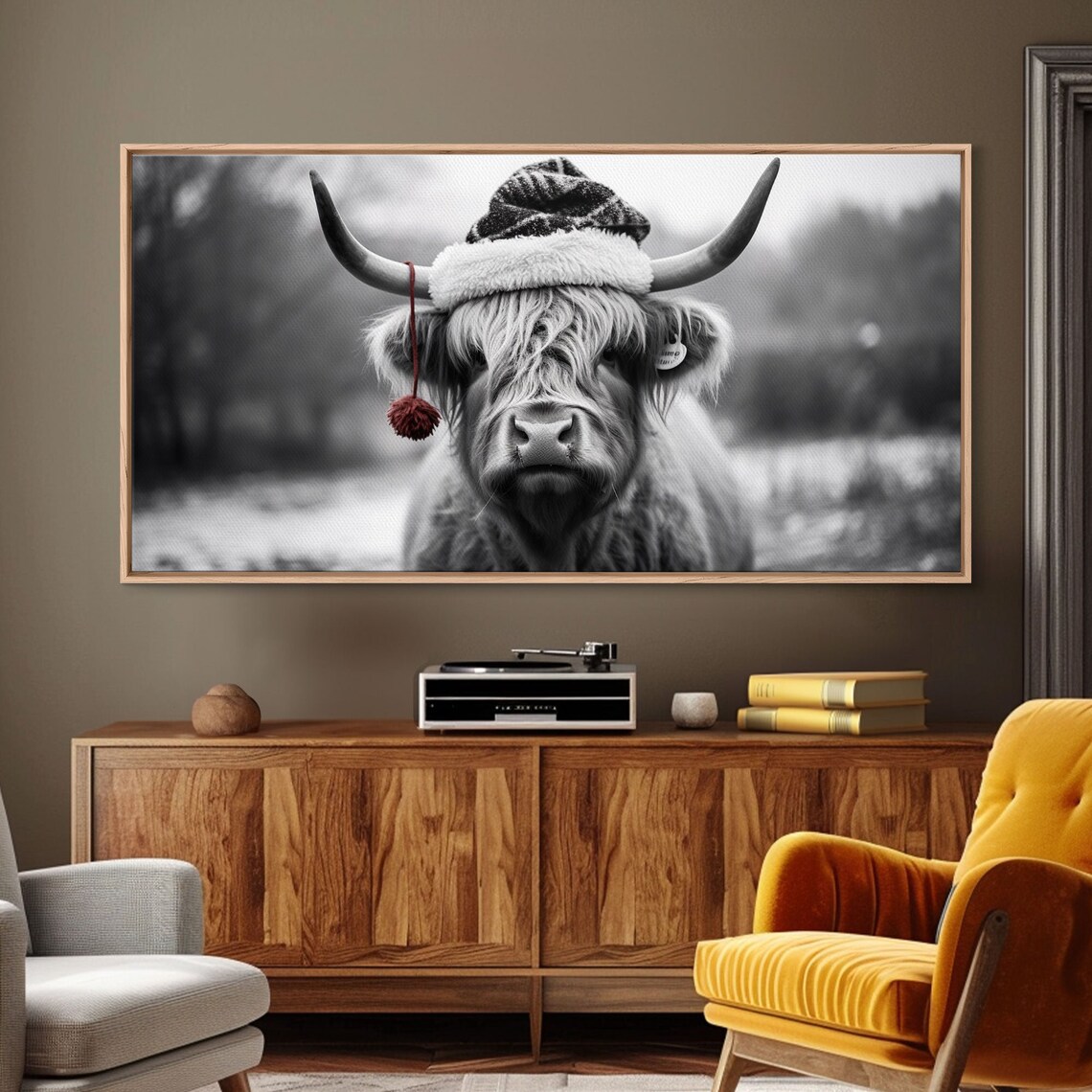 Highland Cow Wearing Santa Hat Festive Black White Holiday Print - Image 5