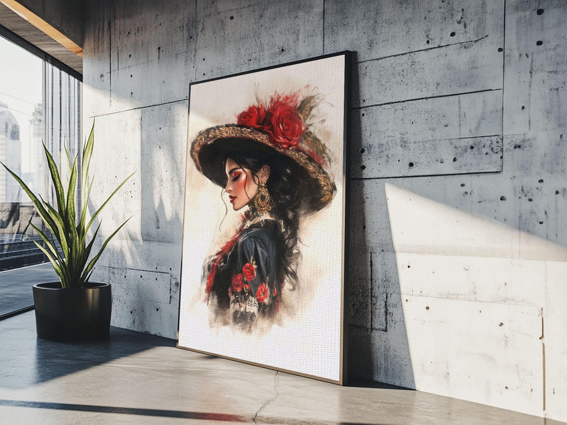 Woman In Rose Hat Spanish Style Profile Elegant Watercolor Art Poster - Image 3