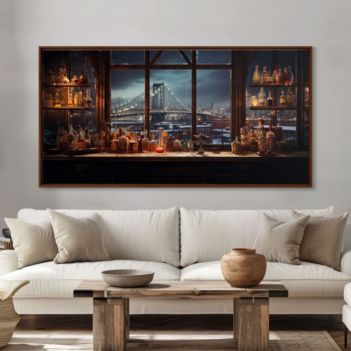 Winter Night Bar City Bridge Window View Vintage Painting Poster
