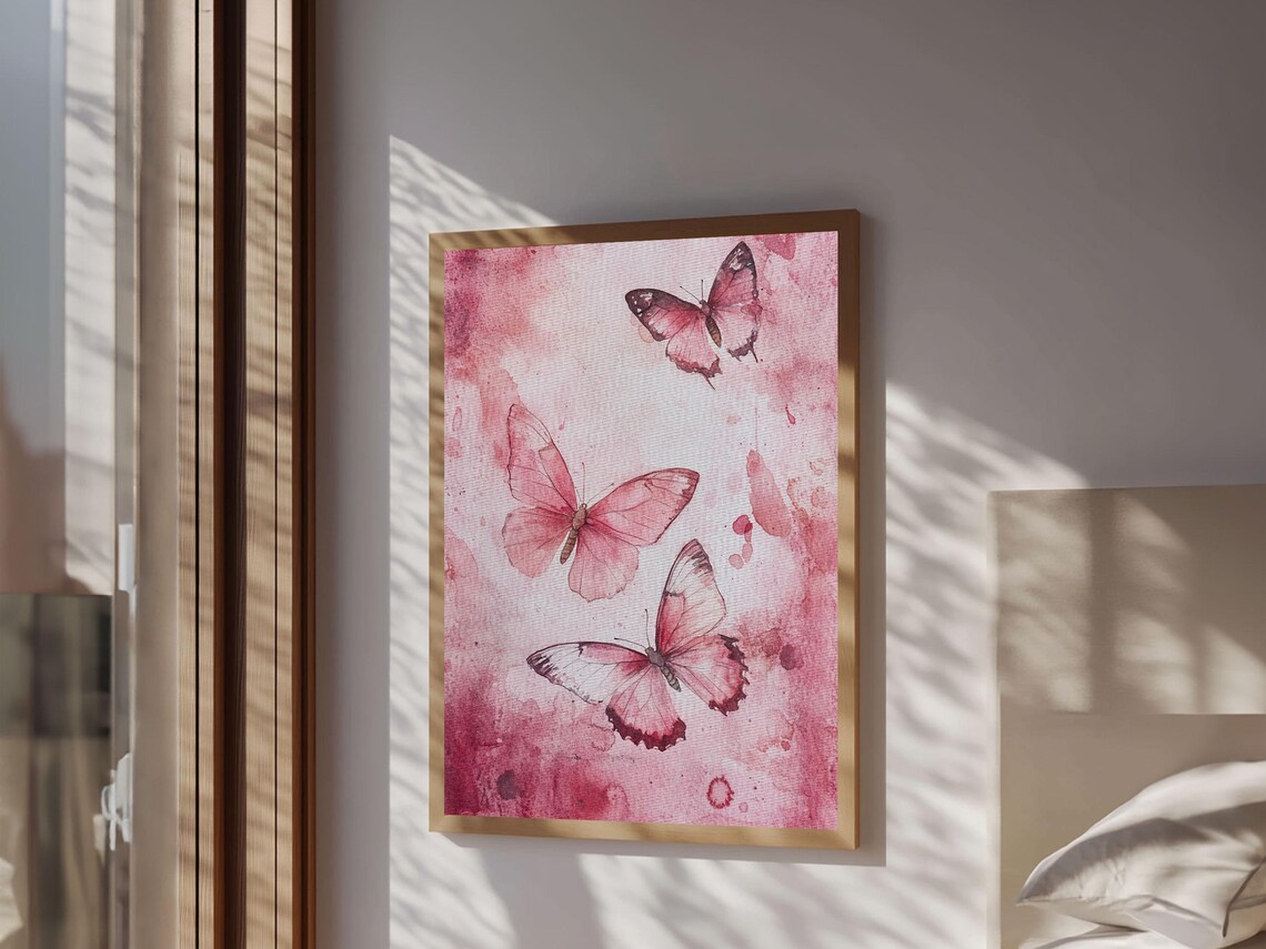 Pink Butterfly Watercolor Trio Botanical Blush Floral Wall Art Poster - Image 4