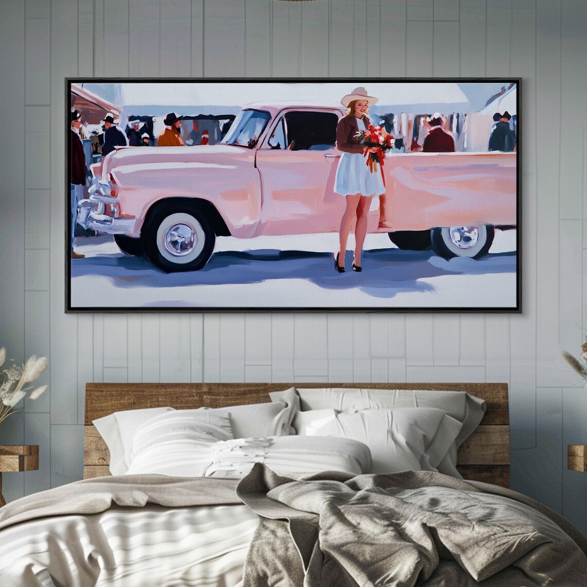 Cute Cowgirl Leaning On Pink Vintage Truck With Autumn Flowers Poster - Image 5