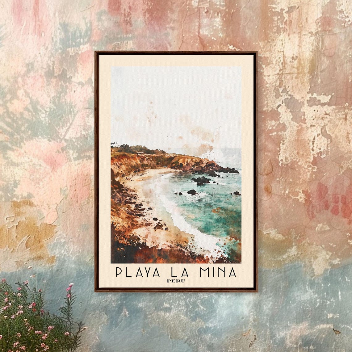 Playa La Mina Peru Rocky Cove Turquoise Water Watercolor Travel Poster