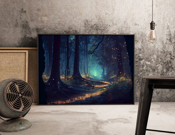 Night In The Forest Woods Path Of Fireflies Fine Art Print Wall Poster Wall Art Print Wall Decor