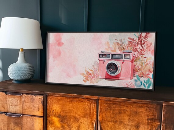 Vintage Camera Painting Framed Print Pink Wall Art Whimsical Art Living Room Art Light Pink Wall Art Unique Gift Idea