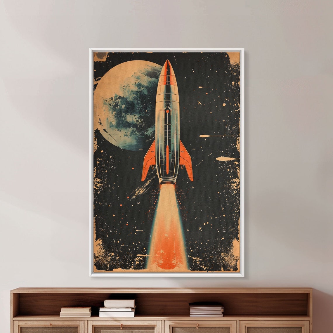 Vintage Rocket Launch Poster Flying Past Moon Distressed Space Art - Image 3
