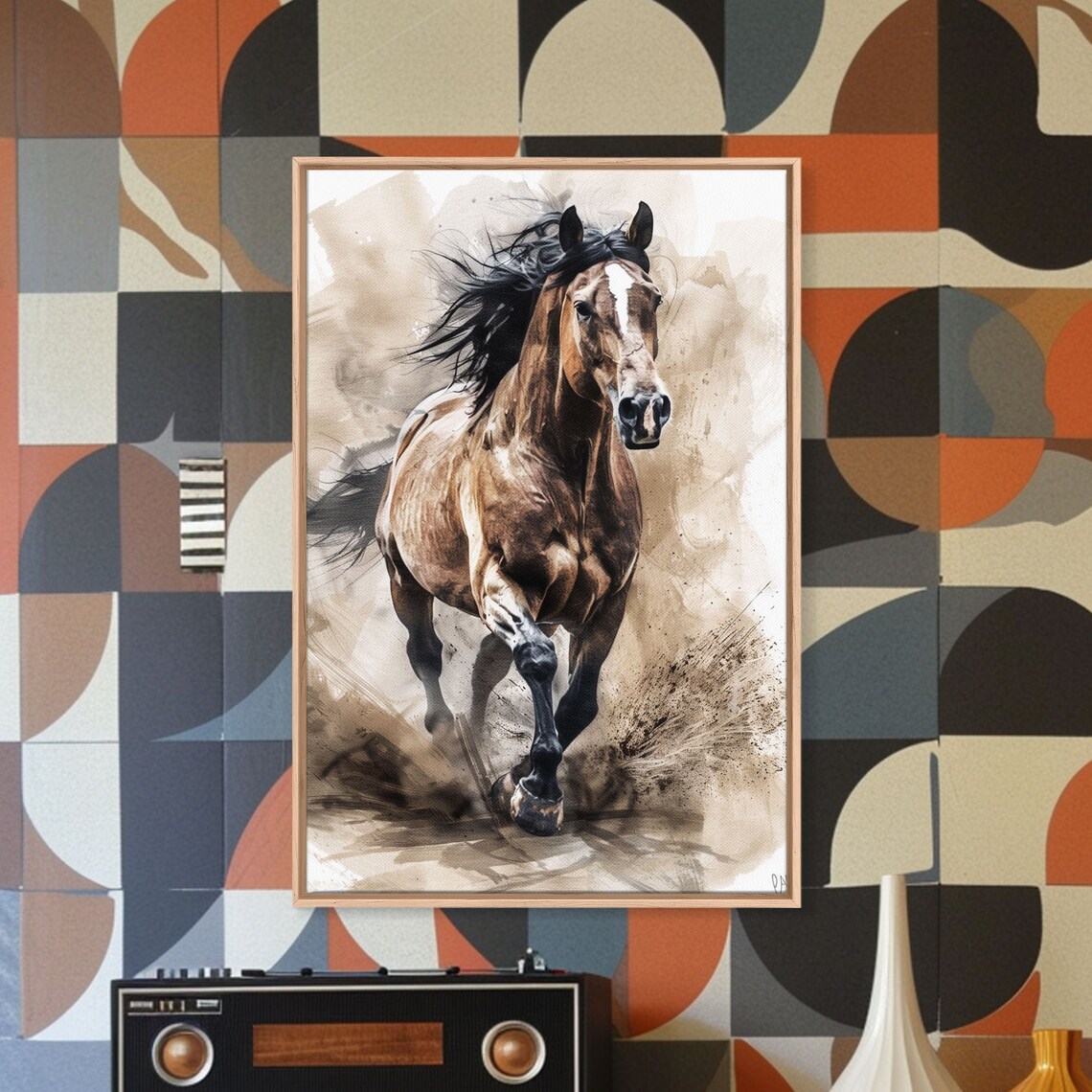 Powerful Brown Horse Galloping Dust Watercolor Equestrian Art Poster - Image 2