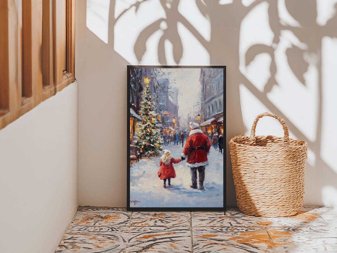 Santa With Child Snowy Town Square Christmas Tree Impressionist Poster - Image 3
