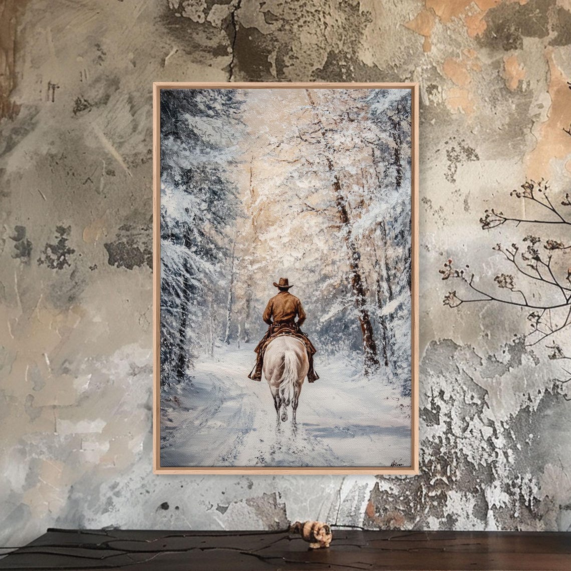 Cowboy Riding White Horse Snowy Forest Trail Winter Western Poster - Image 3