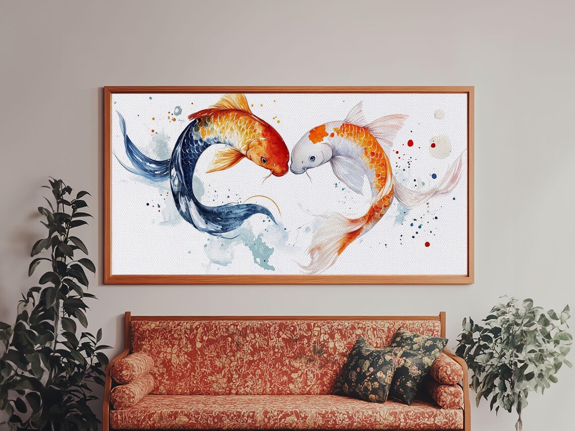 Koi Fish Couple Yin Yang Heart Curve Watercolor Splash Painting Print - Image 2