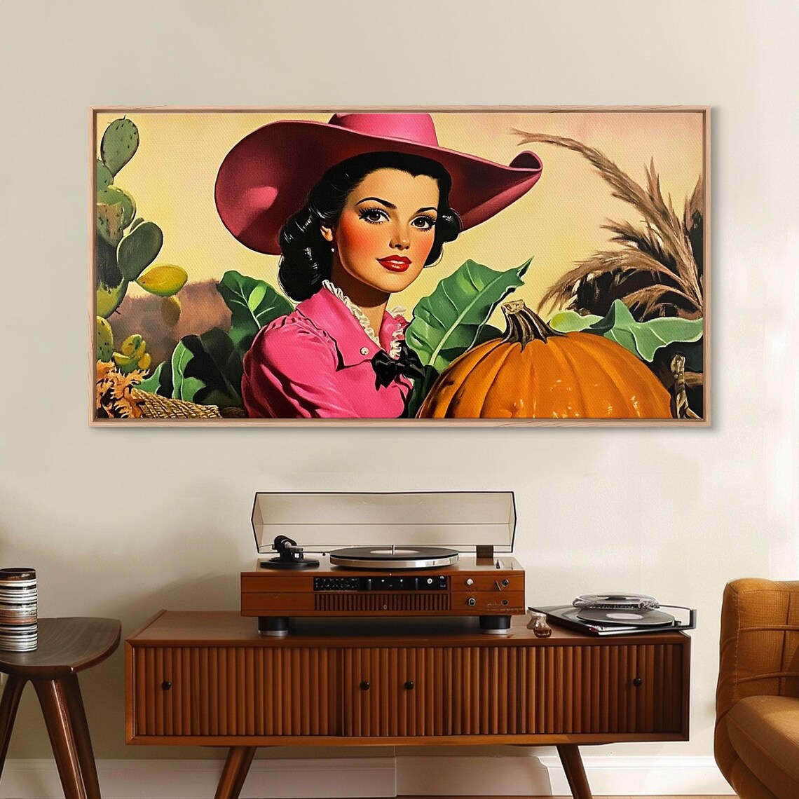Retro Pinup Cowgirl In Pink Hat At Pumpkin Patch Autumn Harvest Poster - Image 2