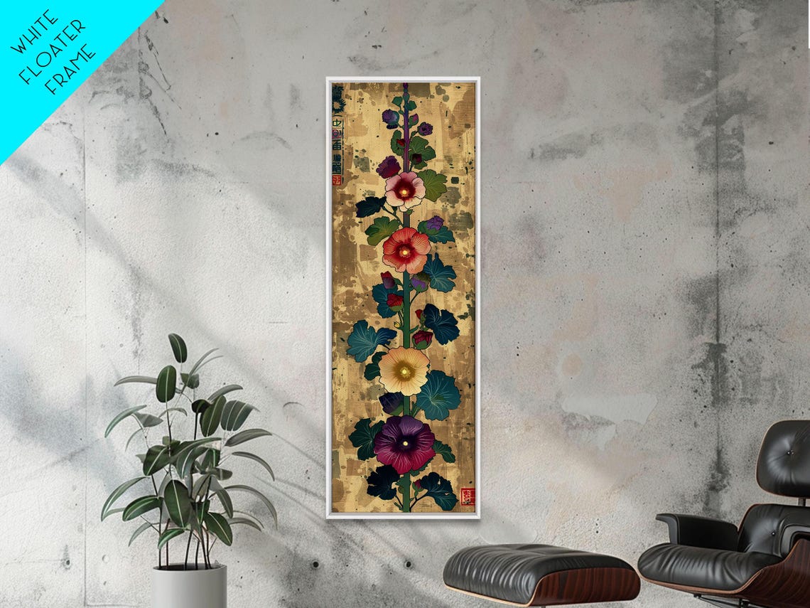 Hollyhock Flowers Gold Background Ukiyo E Tall Japanese Art Poster