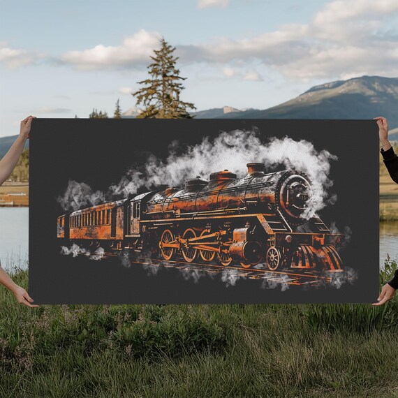 Locomotive Wall Decor Orange Steam Train Wall Art Retro Train Wall Art Panoramic Wall Decor Print Wall Art Framed Art