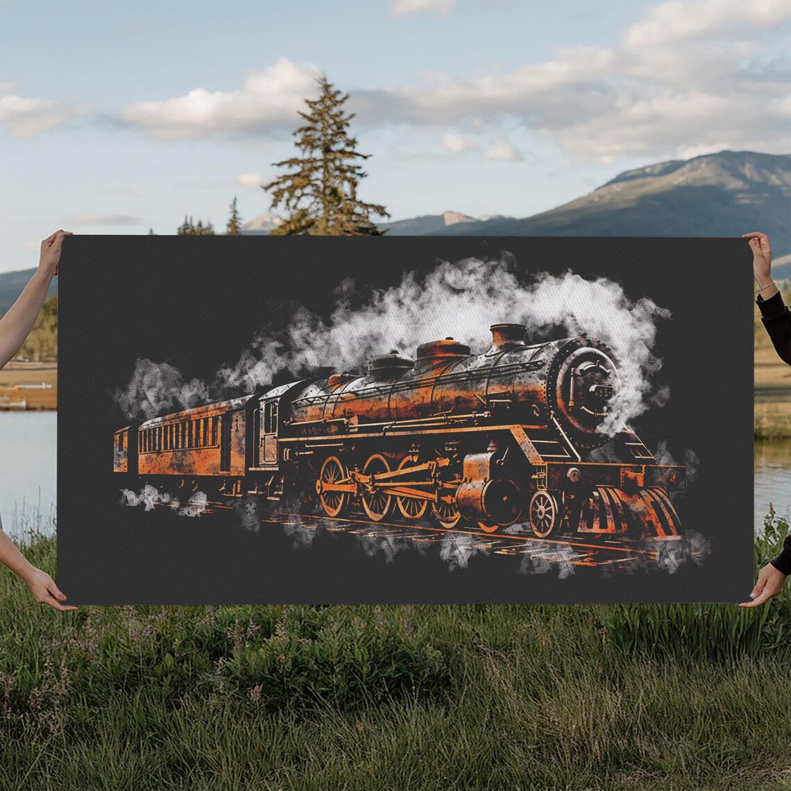 Locomotive Wall Decor Orange Steam Train Wall Art Retro Train Wall Art Panoramic Wall Decor Print Wall Art Framed Art