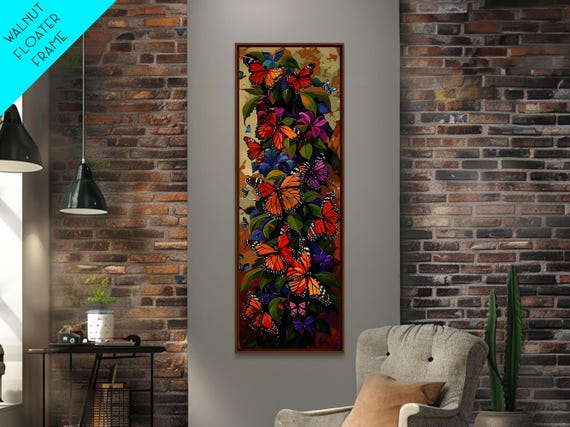 Colorful Butterfly Vertical Framed Oil Painting Abstract Botanical Wall Art Gouache Style Painted Art Housewarming Gift For Her