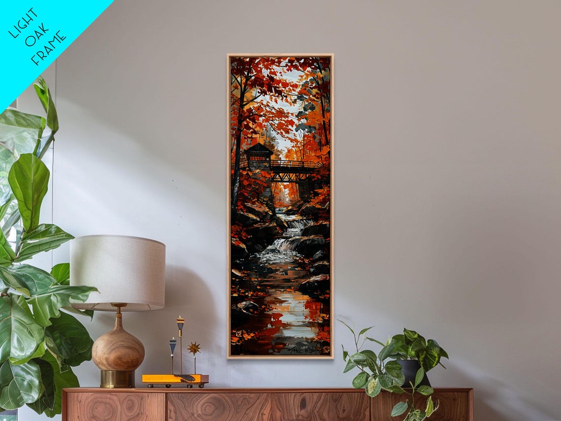 Autumn Covered Bridge Over Rocky Stream Waterfall Landscape Poster - Image 6