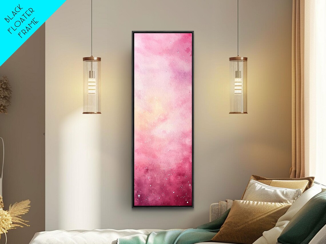 Pink Starry Night Watercolor Abstract Vertical Tall Skinny Bedroom Wall Art - Image 4