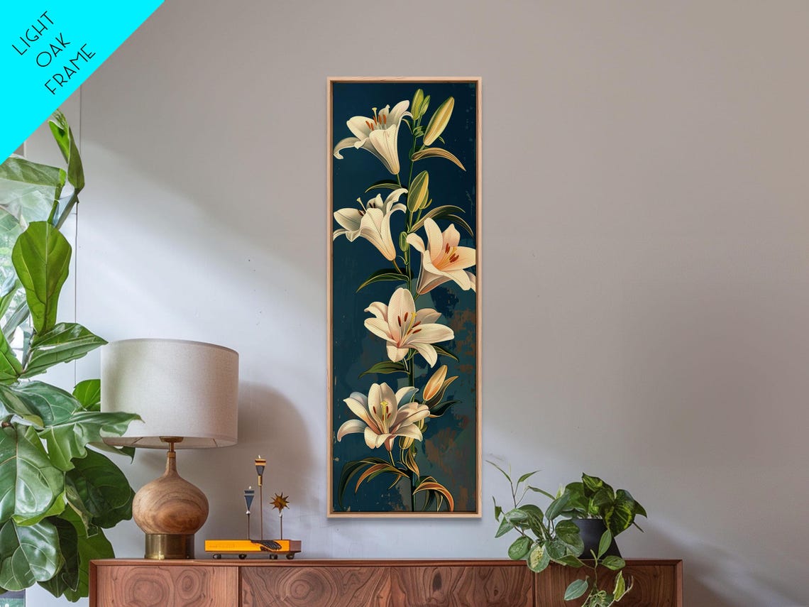 White Lilies On Green Stems Against Deep Teal Ukiyo E Style Art Poster - Image 5