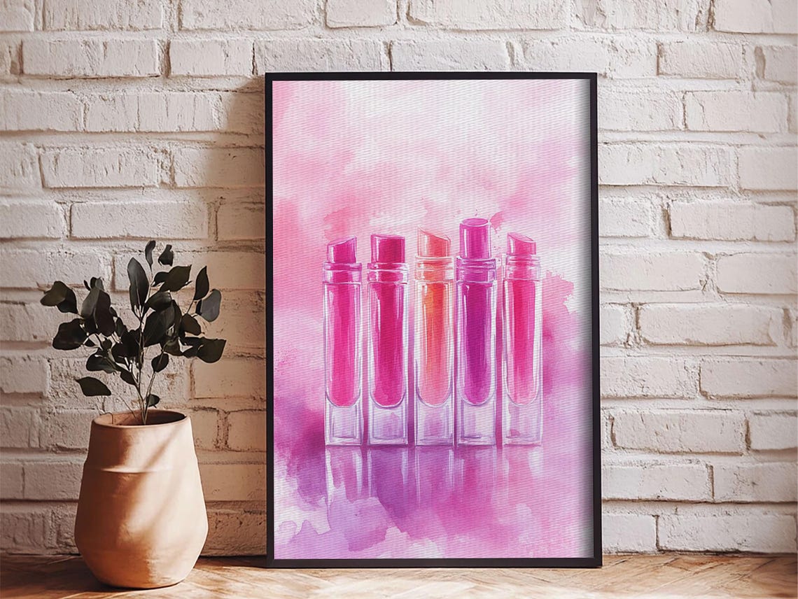 Pink Lipstick Tubes Watercolor Glam Beauty Vanity Room Decor Poster - Image 2