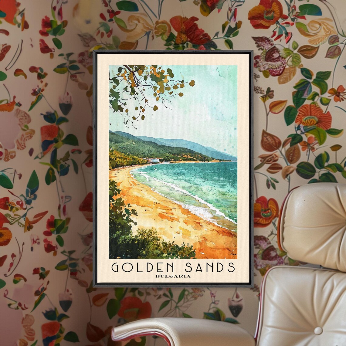Golden Sands Bulgaria Sandy Bay Turquoise Sea Green Hills Beach Watercolor Poster - Image 2