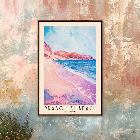 Prasonisi Beach Greece Pink Sand Turquoise Sea Watercolor Travel Poster