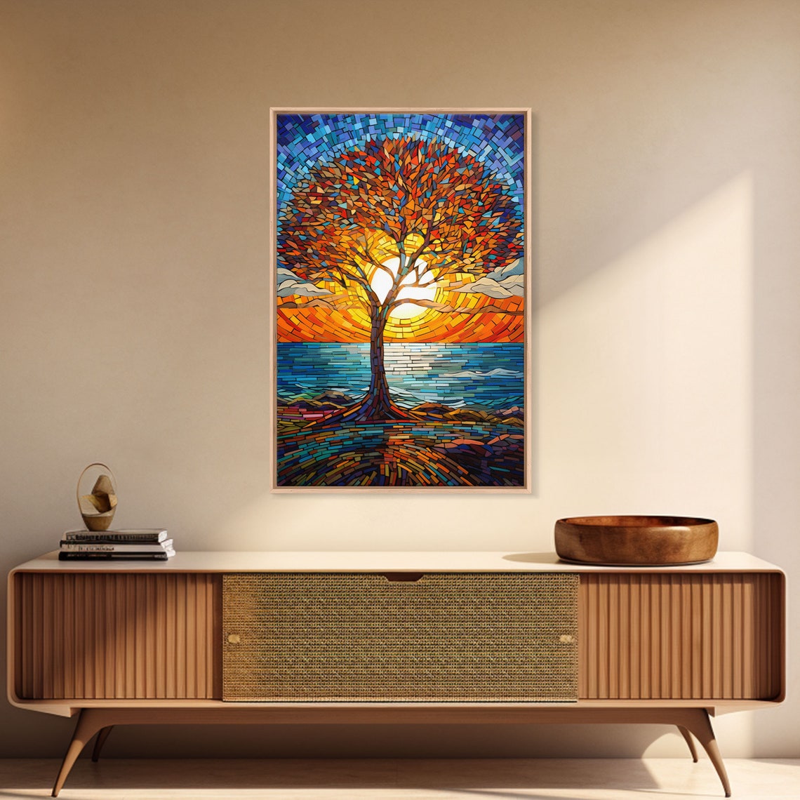 Mosaic Sunset Tree By The Sea Orange Leaves Blue Ocean View Art Poster