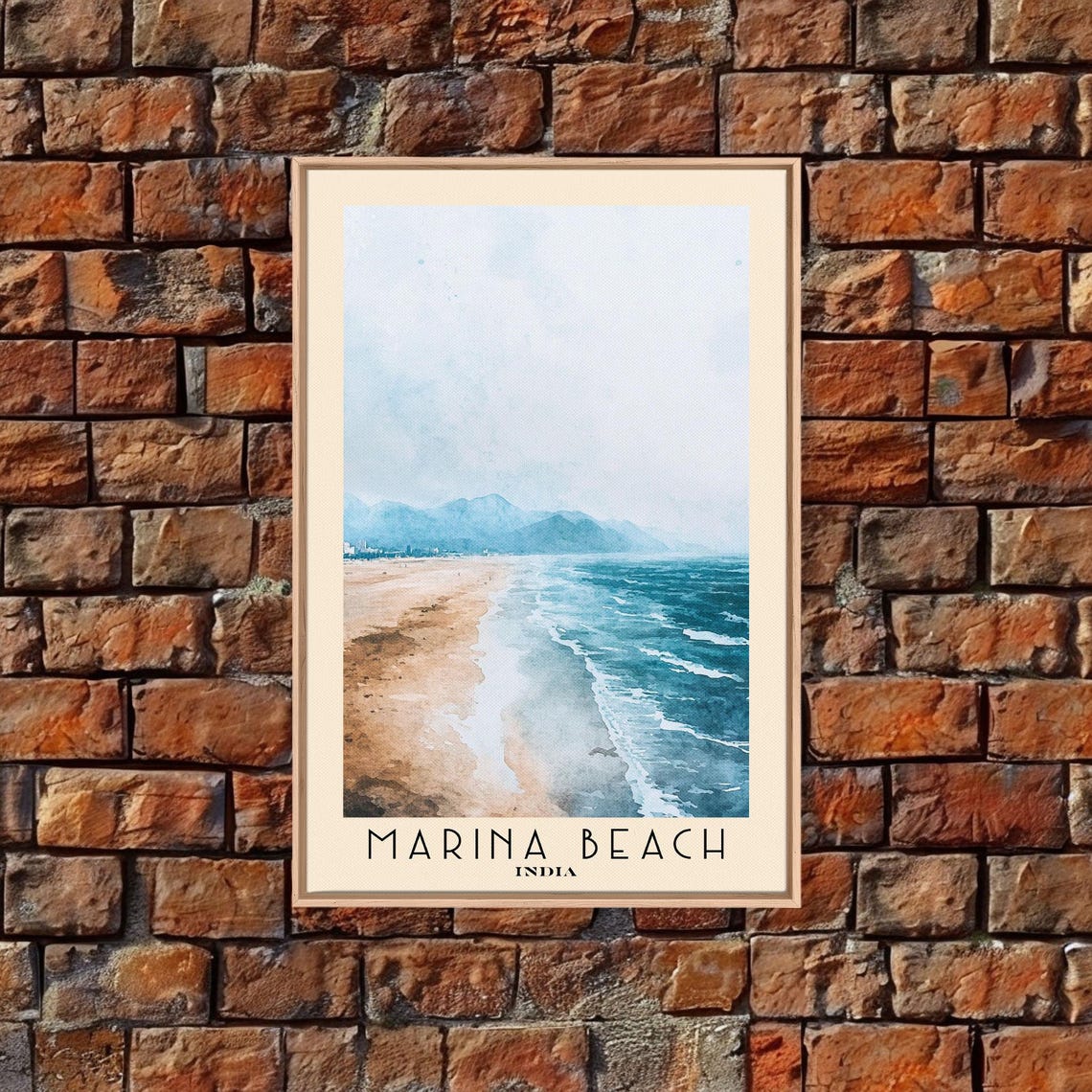 Marina Beach India Long Sandy Shore Rolling Waves Watercolor Poster - Image 4