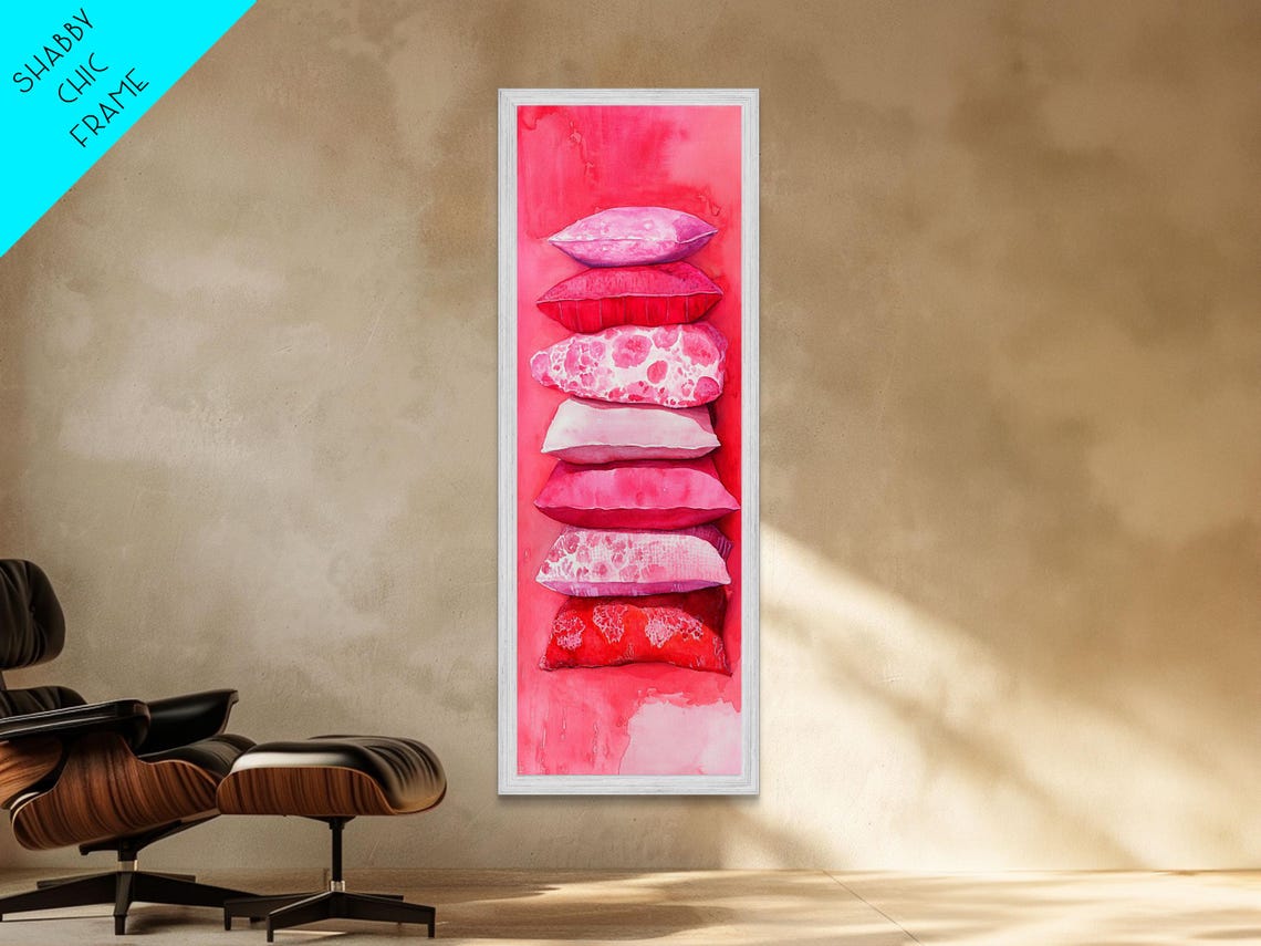 Pink Pillows Stack Watercolor Cozy Bedroom Tall Narrow Wall Art