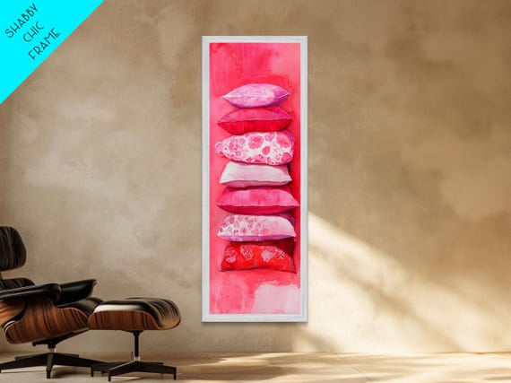 Pink Pillows Stack Print Cozy Cottagecore Bedroom Art Light Pink Whimsical Skinny Wall Art Rustic Vertical Living Room Artwork