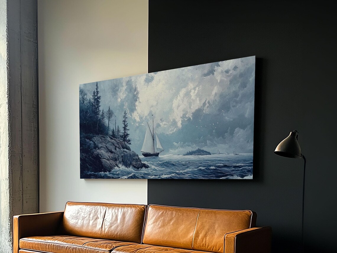 Tall Ship Off Rocky Pine Coast Moody Blue Seascape Painting Print - Image 2
