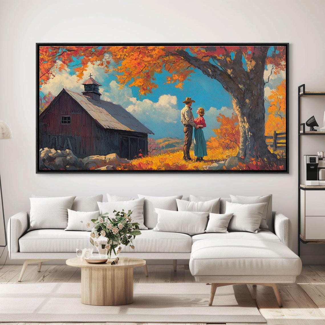 Western Couple Embracing By A Red Barn In Bright Autumn Art Print - Image 3