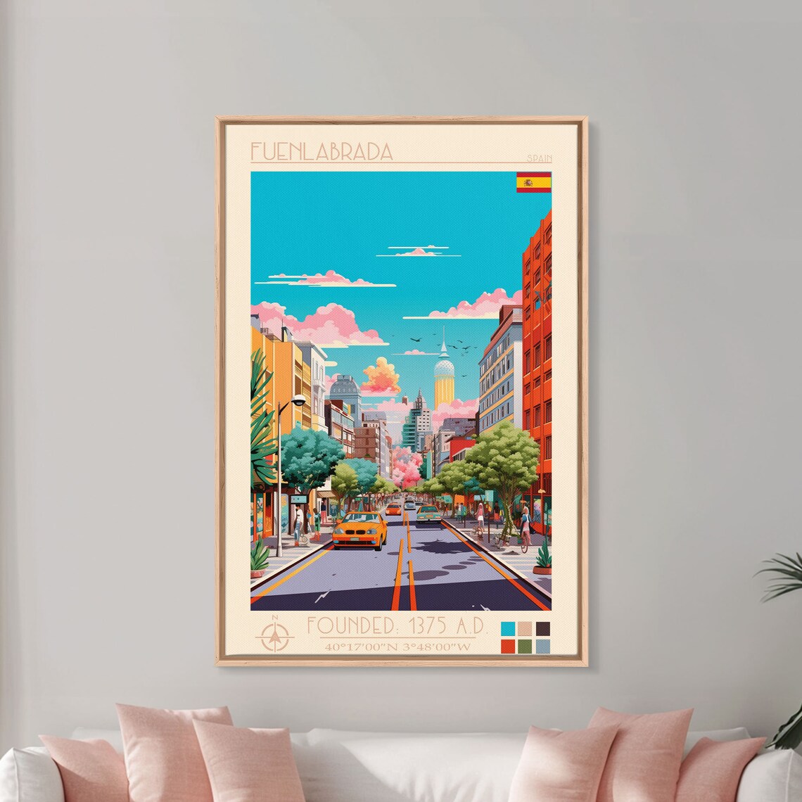 Fuenlabrada Spain Tree Lined Avenue Skyline Yellow Taxi View Poster