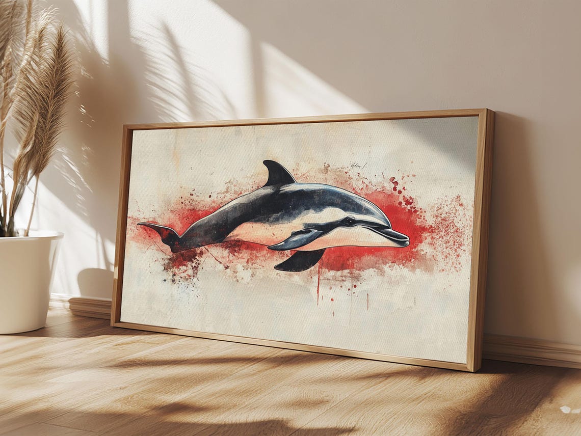 Dolphin Leaping Red Splash Background Watercolor Animal Painting Print