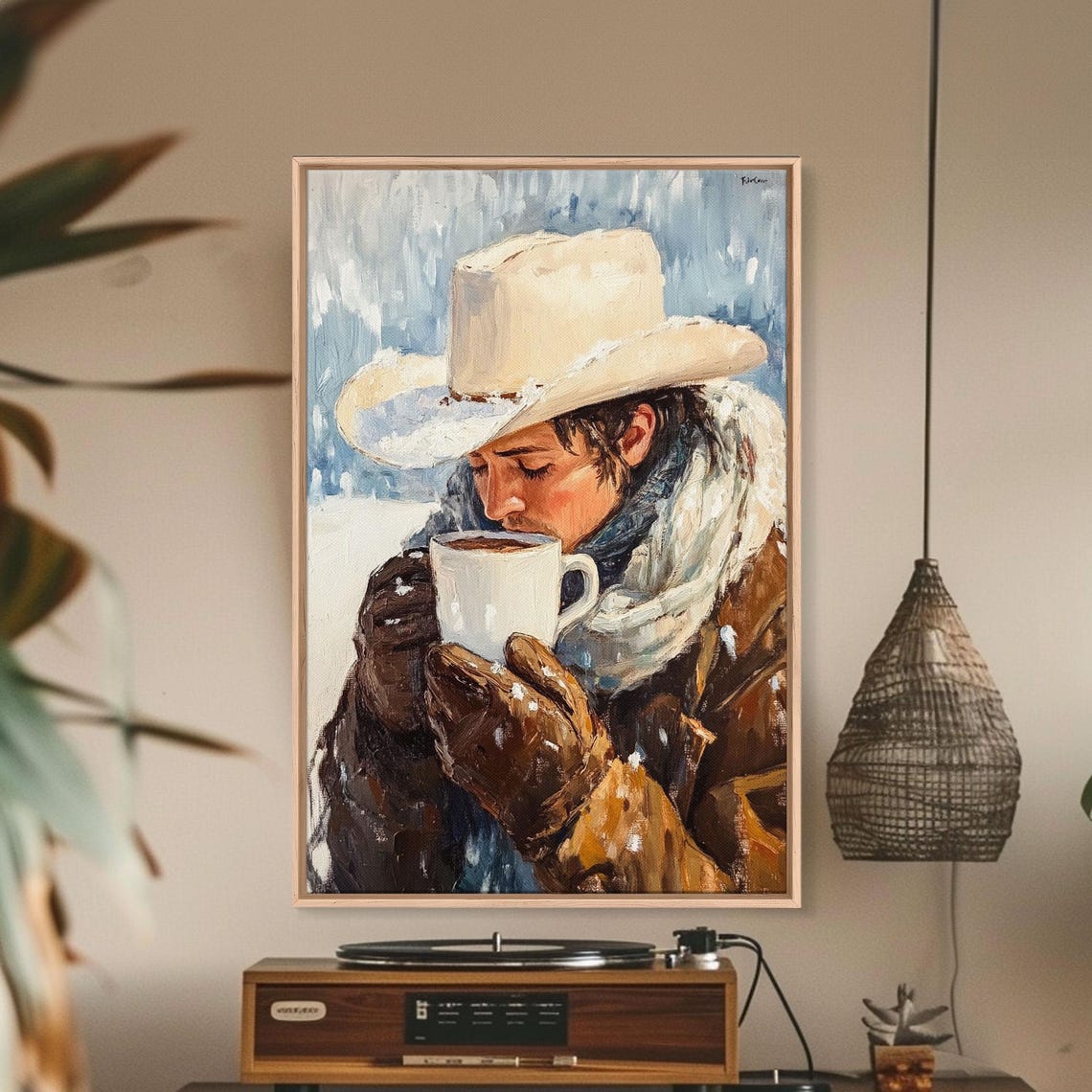 Cowboy Sipping Cocoa In Snow White Hat Gloves Framed Winter Art Poster - Image 2