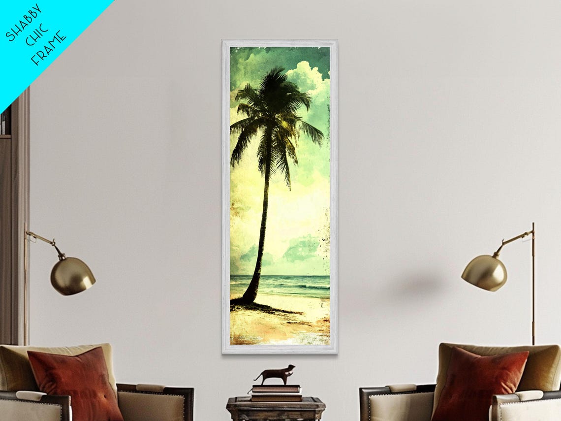 Tall Palm Tree Beach Vintage Green Coastal Waves Surf Wall Art - Image 3