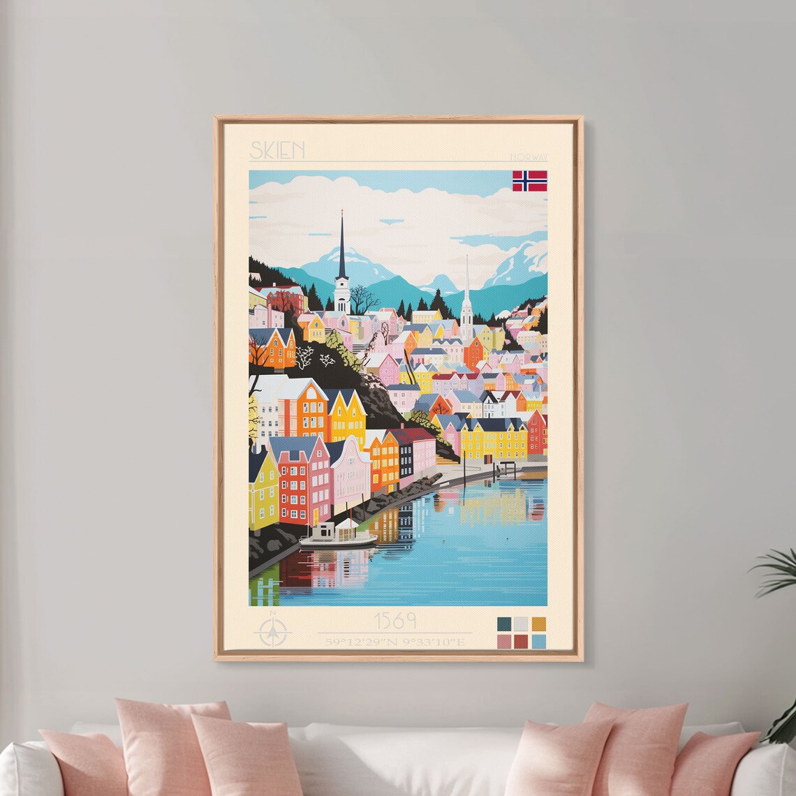 Skien Norway Harbor Colorful Houses Church Spires View Travel Poster