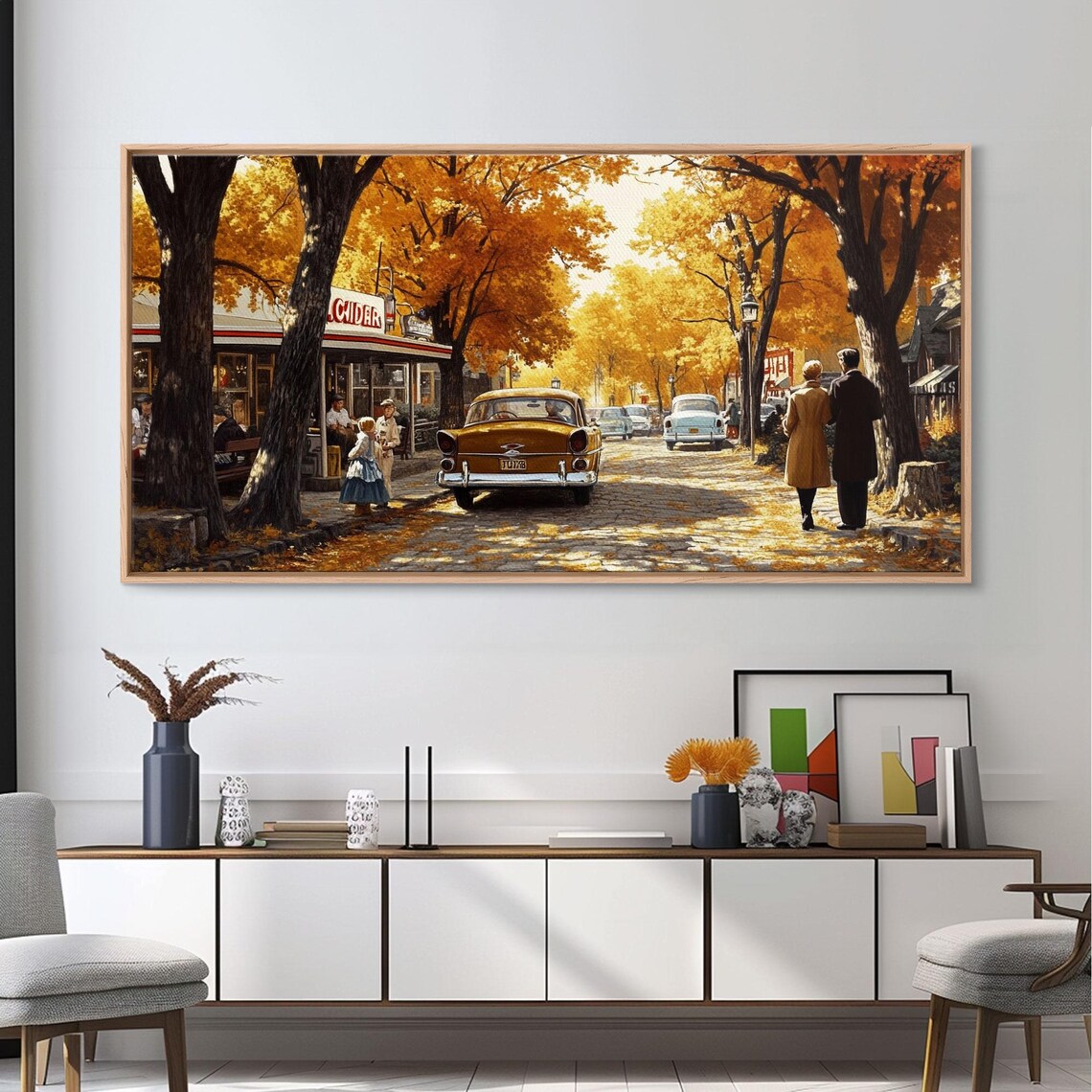 Retro 1950s Autumn Street Golden Trees Classic Cars Vintage Poster - Image 2