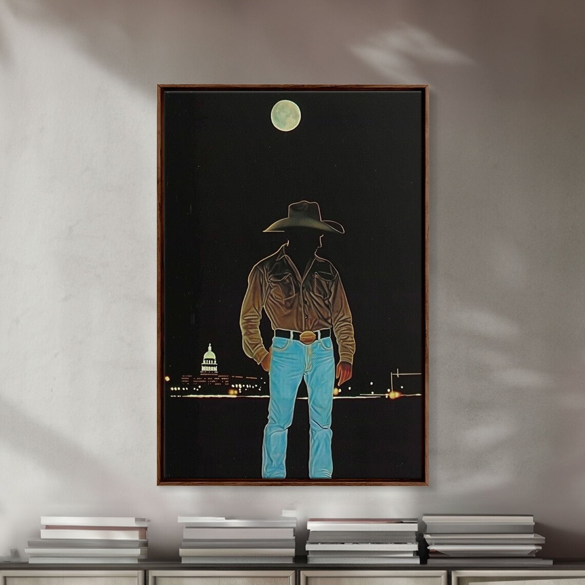 Cowboy Under Full Moon At Night With City Skyline Lights Art Poster - Image 3