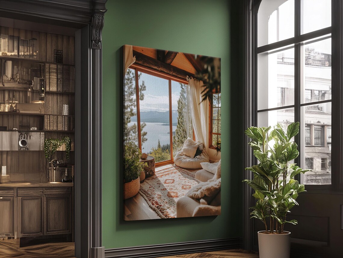 Cozy Lakeside Cabin Sunroom Panoramic Mountain Lake View Rustic Travel Poster - Image 2