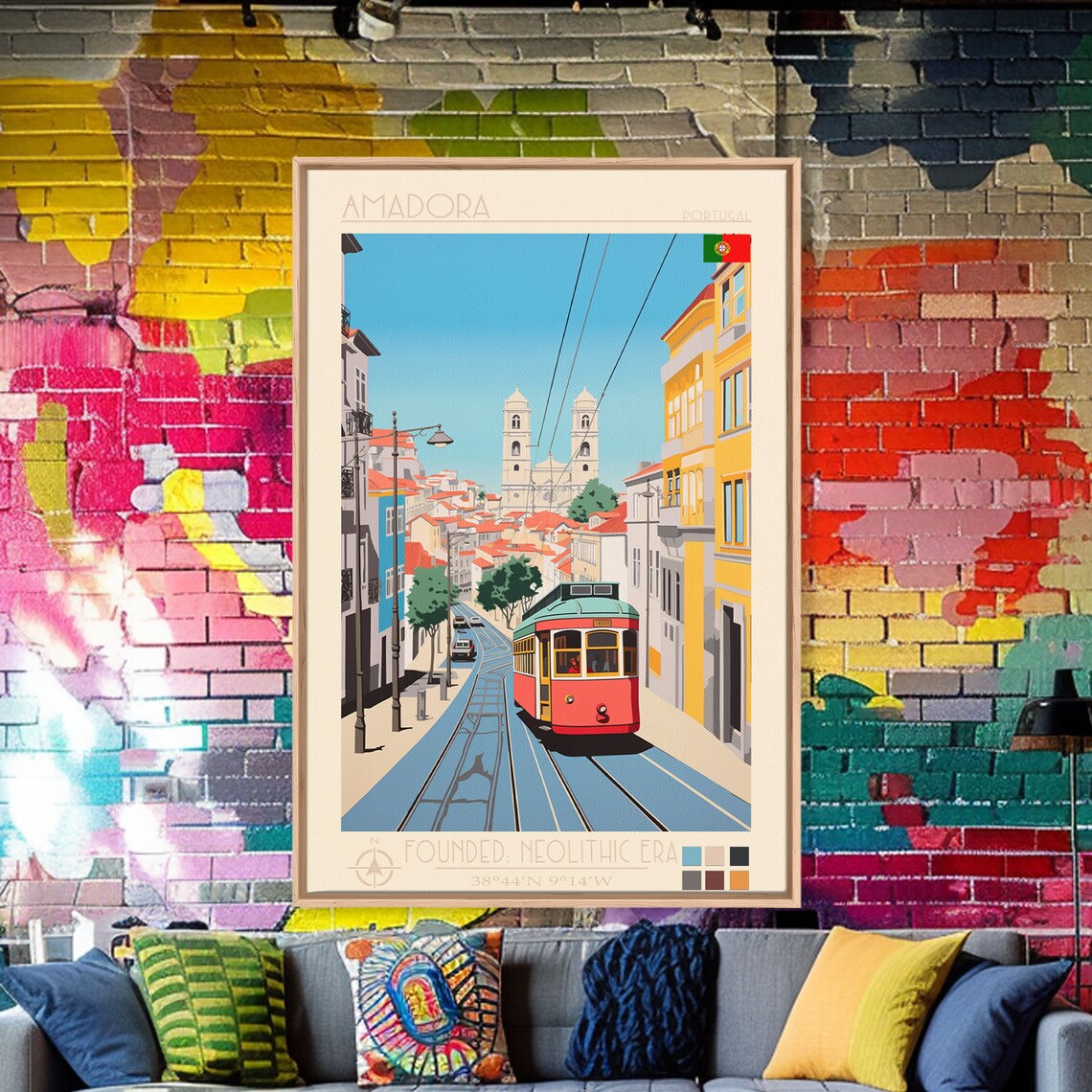 Amadora Portugal Classic Tram Steep Street Twin Tower Church Poster - Image 2
