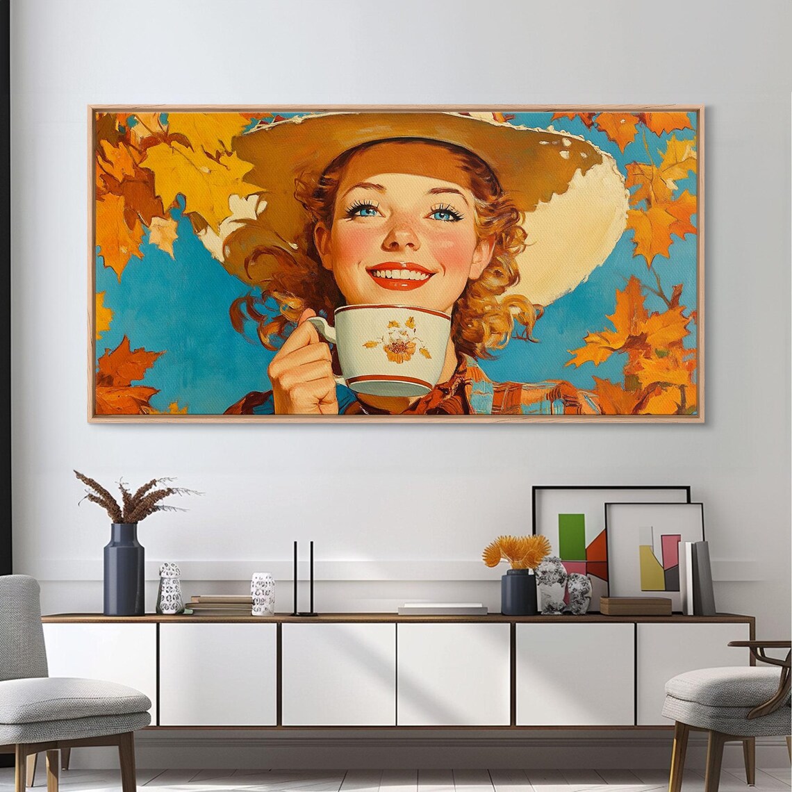 Retro Pinup Cowgirl Smiling With Teacup Autumn Leaves Blue Sky Poster - Image 4