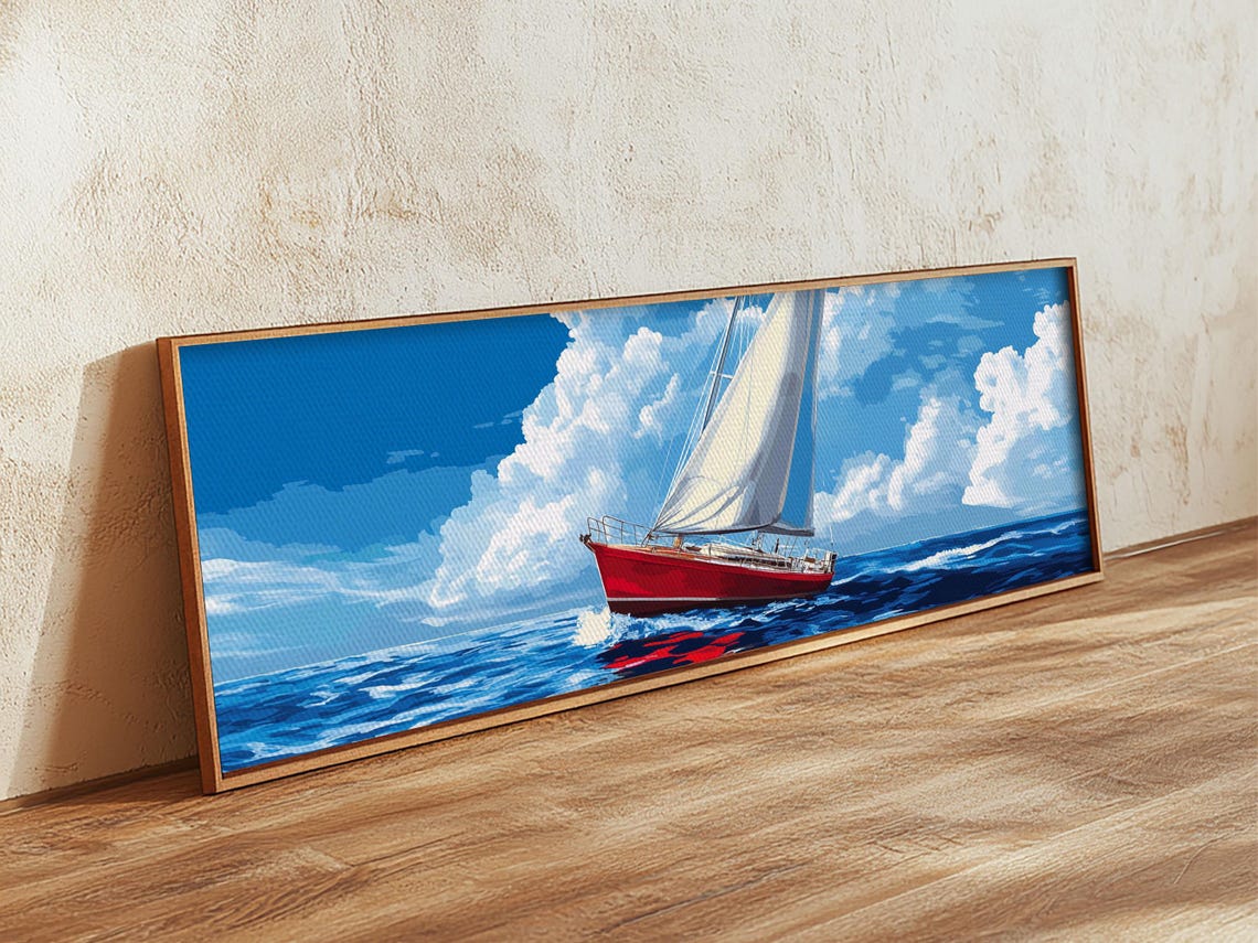 Red Sailboat Bright Blue Sea Pop Art Panoramic Nautical Wall Poster - Image 2