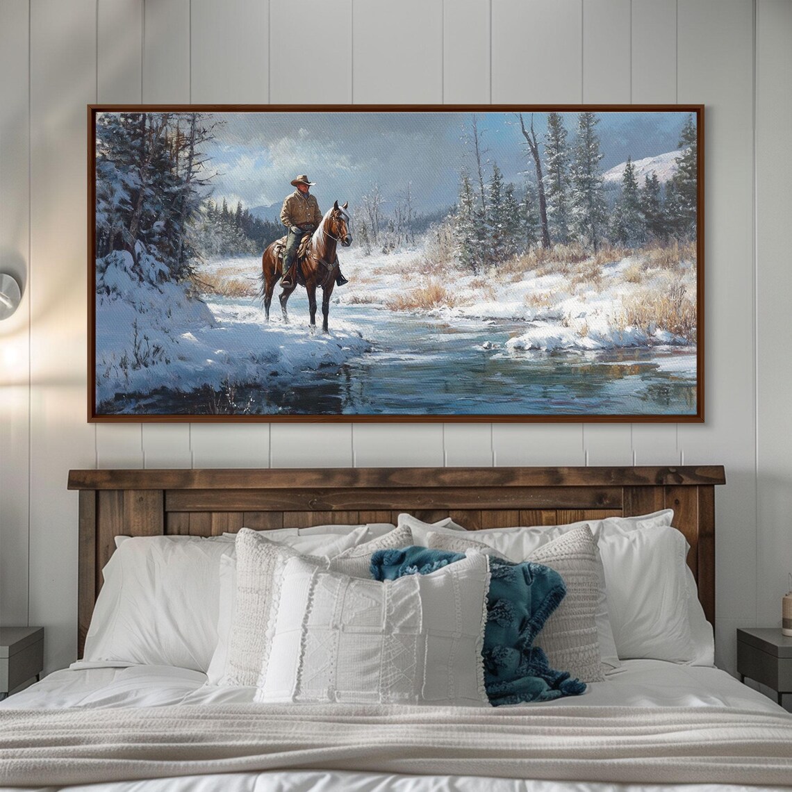 Cowboy Riding Horse Through Vibrant Autumn Forest Framed Print Tall Fall Wall Art Rustic Western Decor Moody Landscape - Image 3