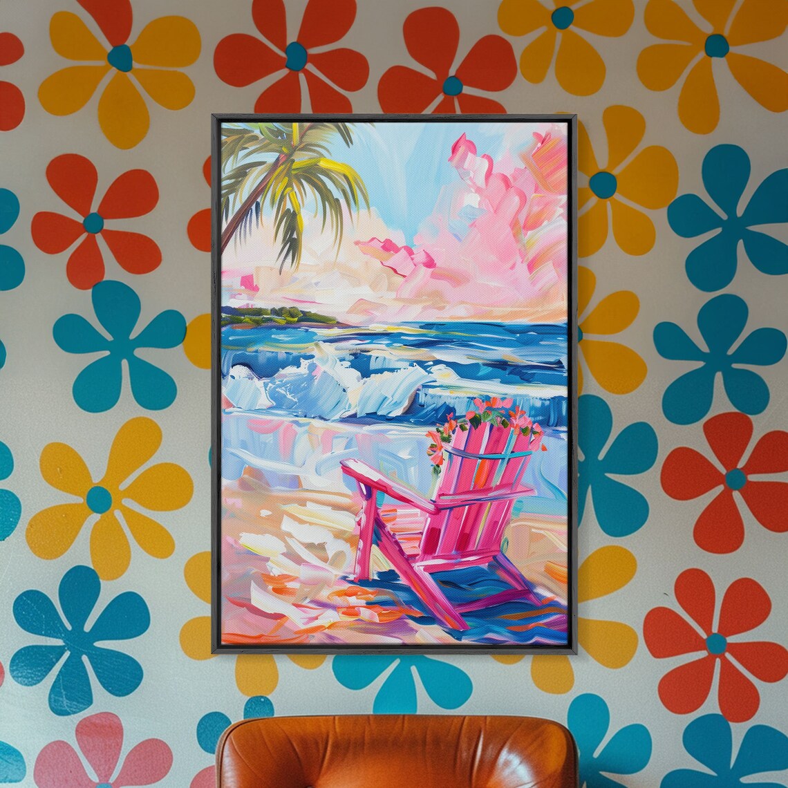 Vibrant Beach Scene With House and Palm Trees Art Print - Image 2